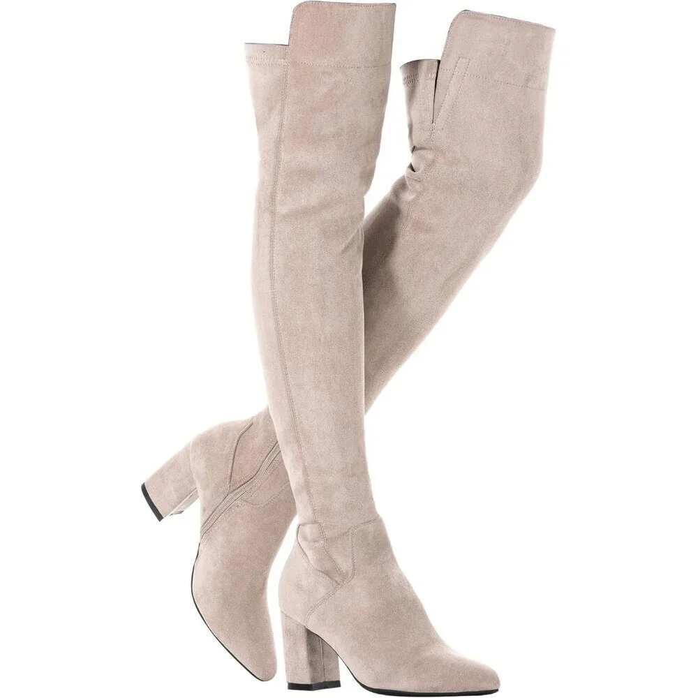 Women Cream/3 Inch Heel Faux Suede Over The Knee Thigh High Low Block Heel Boot